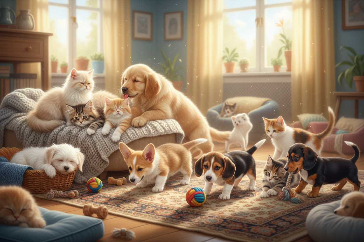 A cute picture full of cats and dogs