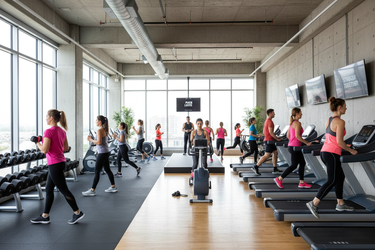 A picture of a gym with men women training